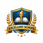 Logo sekolah Excellent dengan obor dan buku